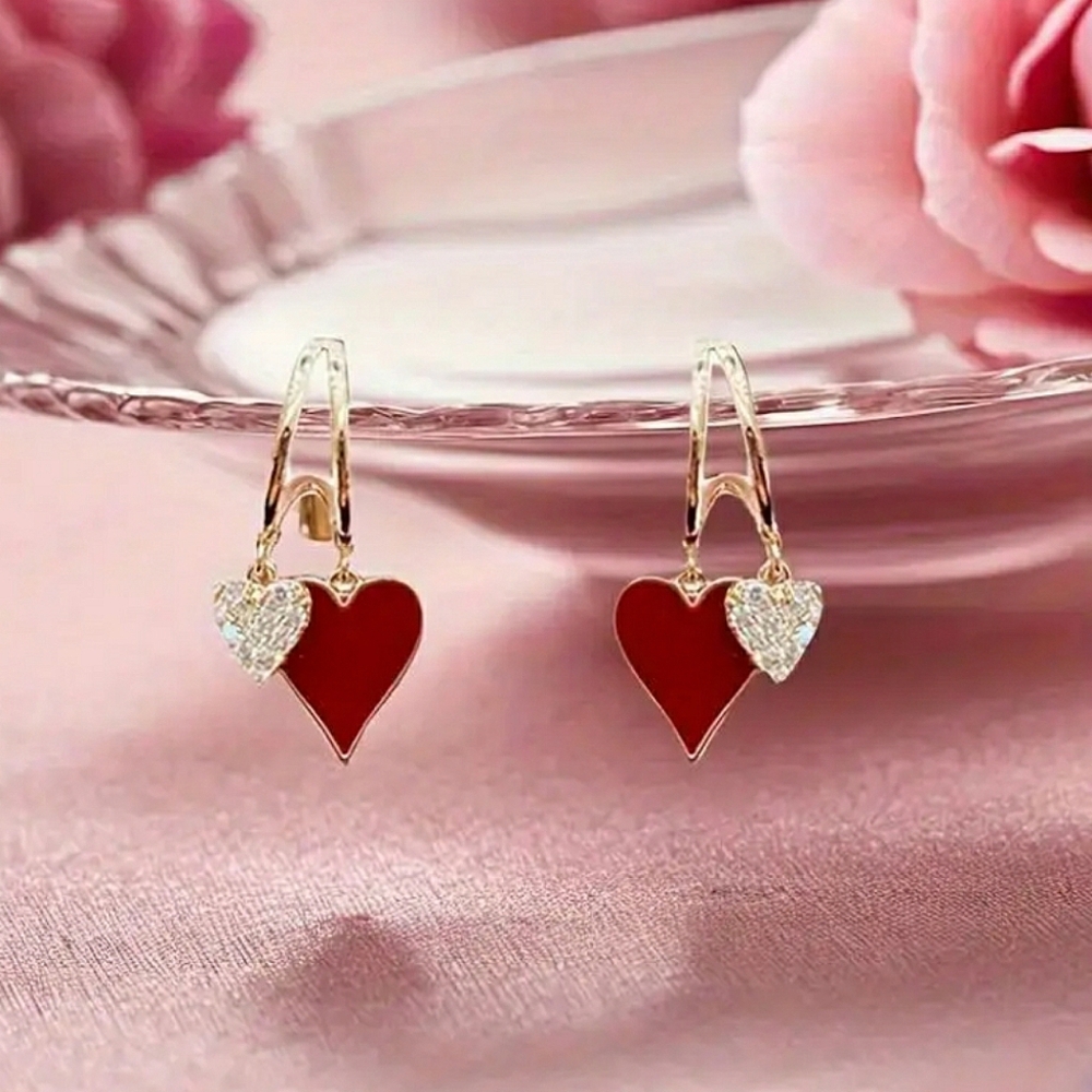 Red Heart Rhinestone Earrings Gold - Picture 8 of 9